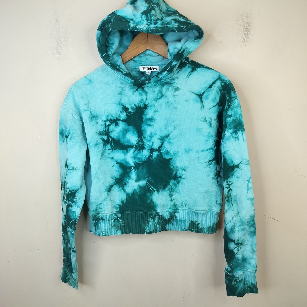 Frankies Bikinis Hoodie Small Cropped Tie Dye Beachy Ocean Teal Green